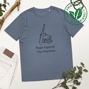 May include: A blue t-shirt with a black and white illustration of a baseball bat and a printer. The text "Rage Against The Machine" is printed below the illustration.