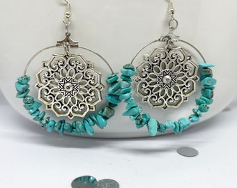 Statement Mandala Dangle Earrings With Natural Turquoise Howlite Stone Chip Hoop.