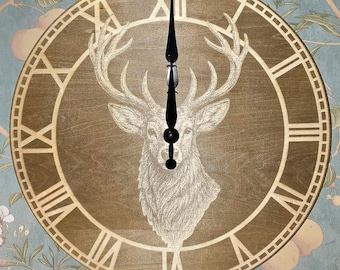 Engraved Buck Deer Wood Wall Clock | Hunting Lodge Decor