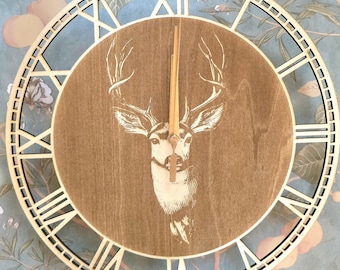 Laser Engraved Wooden Deer Clock, Hunting Decor