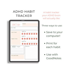 Op de afbeelding: Een afdrukbare digitale plannerpagina ontworpen voor het bijhouden van gewoontes. De pagina heeft de titel "Habit Tracker" en bevat secties voor "Nieuwe gewoonte", "Hulpmiddelen die ik nodig heb", "Ondersteuning die ik heb", "Struggles", "Reflectie" en "Gewoonte van volgende week". De pagina bevat ook een kalenderrooster om de voortgang gedurende drie weken bij te houden.