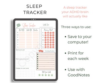 Op de afbeelding: Een digitale printbare slaaptracker voor een week, met secties voor bedtijd, wektijd, duur, ochtend stemming, avondroutine en een beoordeling van de week. De tracker is ontworpen om mensen met ADHD te helpen hun slaap te beheren.