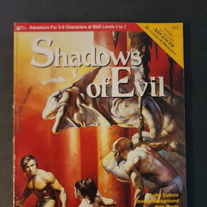 May include: A book cover for the Dungeons & Dragons adventure "Shadows of Evil". The cover features a fantasy illustration of a muscular man, a woman, and a creature with a large mouth. The book is for use with Advanced Dungeons & Dragons.