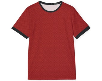 Stylisches rotes Dry-Fit-Hemd mit geometrischem Muster und schwarz eingefassten Kanten, perfekt für Sport- oder Freizeitkleidung