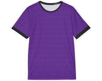 Lebhaftes lilafarbenes Dry-Fit-Hemd mit Strukturmuster, schwarzem Besatz an Rundhalsausschnitt und Ärmeln, ideal für sportliche oder lässige Kleidung.