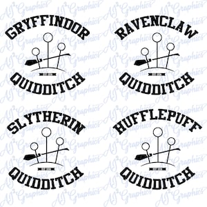 May include: Four black and white illustrations of the Hogwarts houses, Gryffindor, Ravenclaw, Slytherin, and Hufflepuff, each with the text "QUIDDITCH" and "EST 1934" underneath. Each house crest features a broom and three golden snitch balls.