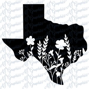 May include: Black silhouette of the state of Texas with white floral designs inside the outline. The flowers are stylized and include small flowers, large flowers, and long grass.