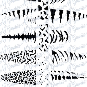 Puede incluir: Un conjunto de patrones de estampado animal en blanco y negro. Los patrones incluyen manchas, rayas y escamas. Estos patrones se pueden utilizar para manualidades, scrapbooking u otros proyectos creativos.