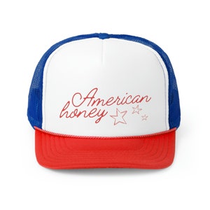 American Honey Trucker Hat | Graphic Star Red White and Blue Cap | Fourth Of July | Independence Day Hat | Red Writing