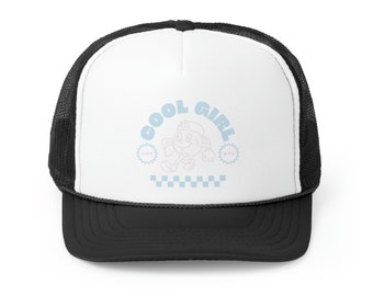 Retro Cool Girl Boy Bye Graphic Trucker Hat | Blue and Pink