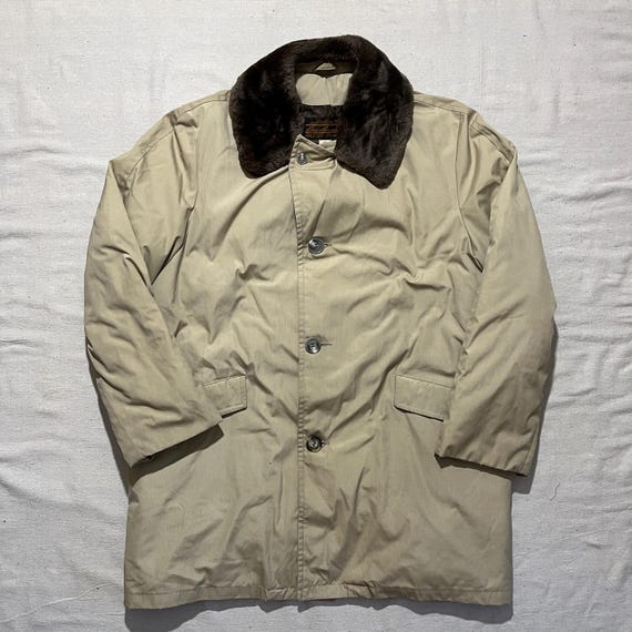 Eddie Bauer, Vintage 70s 80s Eddie Bauer Goose Down Faux Fur Collar Winter Trench Long Coat Jacket Tan Size 44 Large