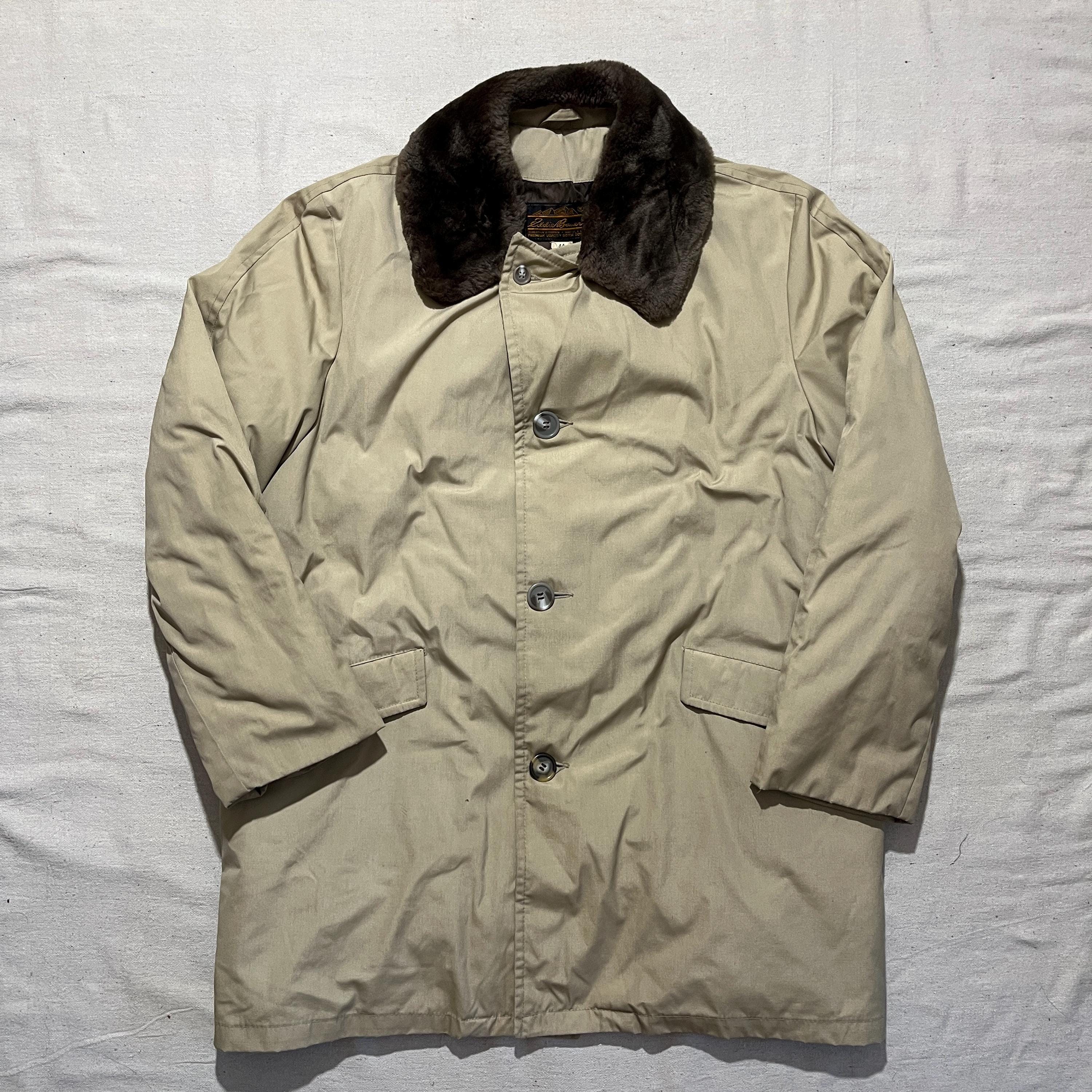 Eddie Bauer, Vintage 70s 80s Eddie Bauer Goose Down Faux Fur Collar Winter Trench Long Coat Jacket Tan Size 44 Large
