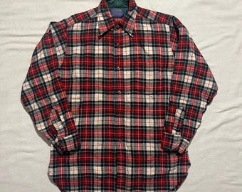 Vintage 70s 80s Pendleton Wool Plaid Flannel Button Down Shirt Red Large