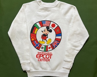 Vintage 80s Kids Youth Disneyworld Epcot Center Mickey Mouse Graphic Crewneck Sweatshirt White Large