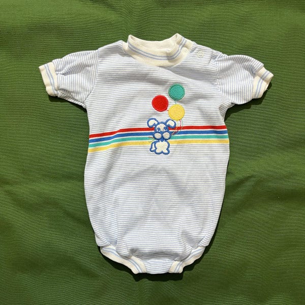 Vintage 80s Health-Tex Onesie Dog Balloon Striped Blue Kids Baby Toddler 18 Months