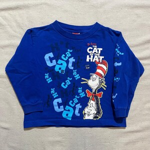 Vintage 00s Y2K Kinder Jugend Dr. Seuss Die Katze im Hut Buch Film Cartoon Grafik Longsleeve T-Shirt Blau Größe 4/5