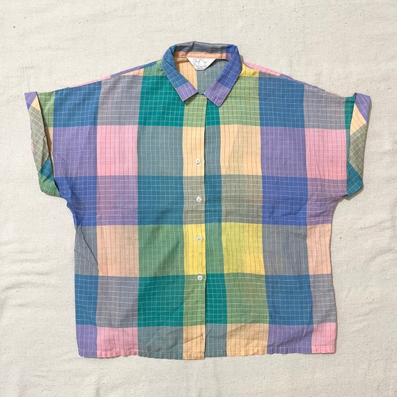 Vintage 80s Women’s Pastel Plaid Button Down Shir… - image 1