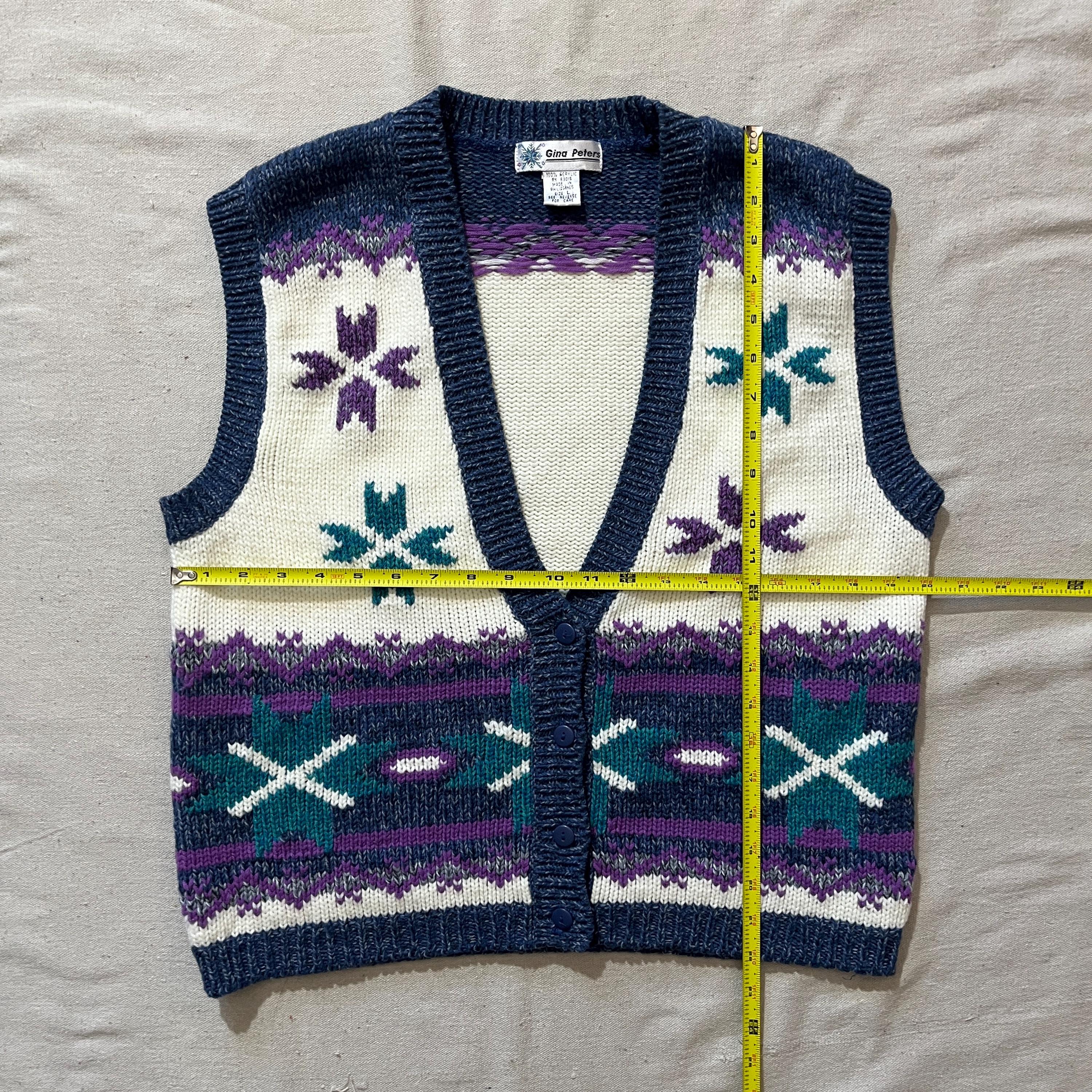 Vintage 90s Gina Peters Patterned Knit Sweater Vest White Purple