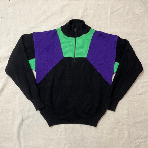 Vintage 90s White Stag Zip Up Colorblock Knit Sweater Green/Purple XL