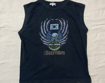 Vintage 80s Harley Davidson Korea Club Easyriders Sleeveless Graphic T-Shirt Black Large