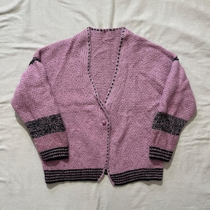 Vintage 70s 80s Homemade Cardigan Knit Sweater Striped Pink Medium Large