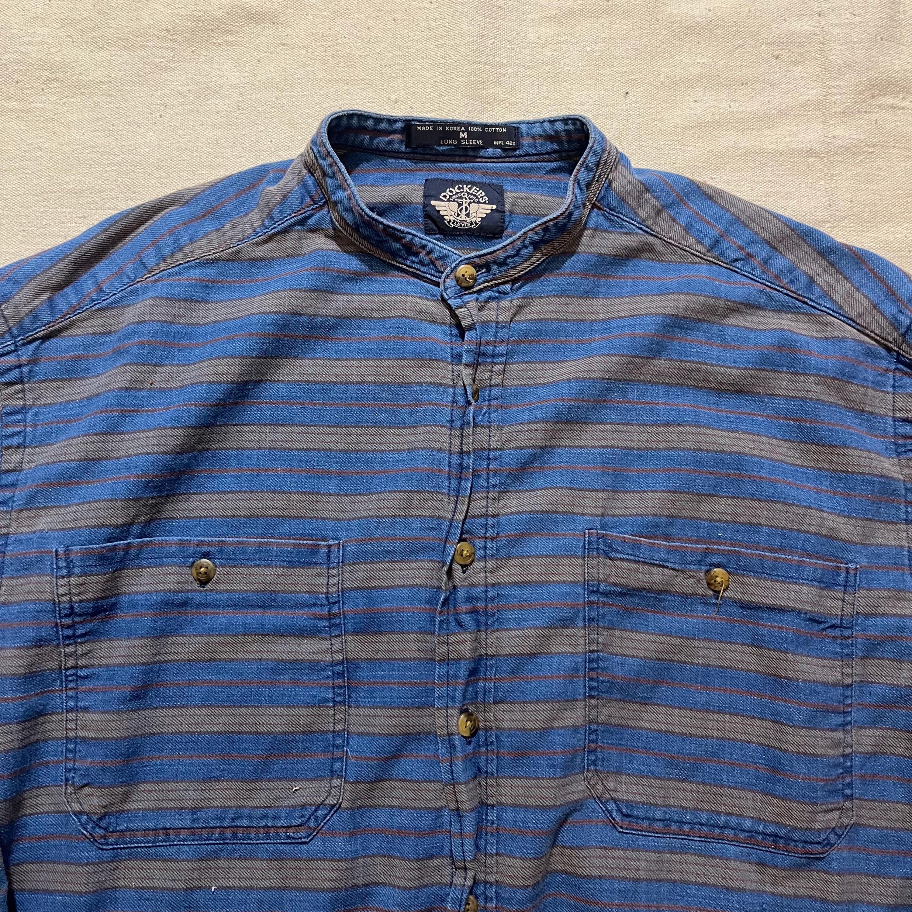 Vintage 90s Dockers Striped Button Down Band Collar Flannel Shirt 
