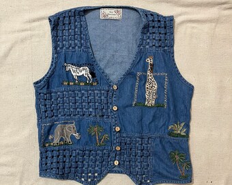 Vintage des années 90, mignon New Directions Safari Animals Thin Denim Vest Medium