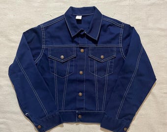 Vintage 70s 80s Women’s Femme Contrast Stitch Cropped Work Jacket Blue Size 2 XS Small