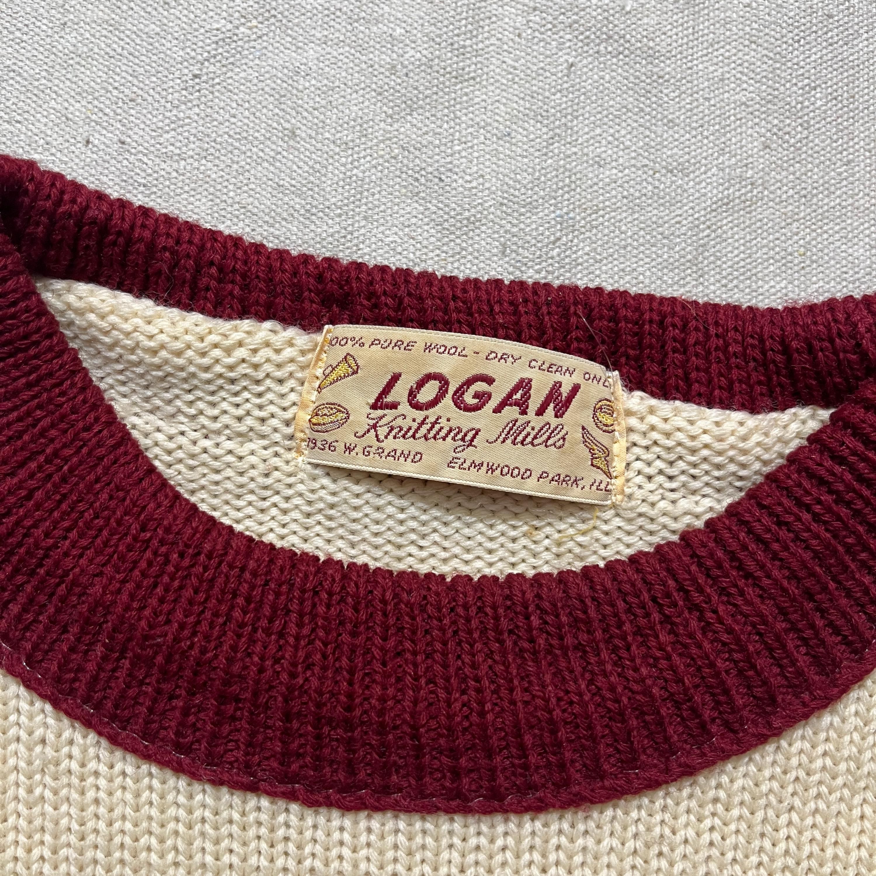 Vintage 60s 70s Logan Knitting Mills Sweater Wool Striped Knit Red 