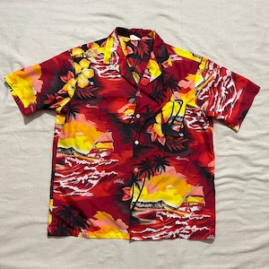 Vintage anos 90/00 Y2K Kalua Fashions Camisa havaiana com botões e estampa de poliéster vermelha XL