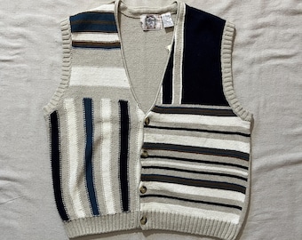 Vintage 90s Sears Patterned Knit Sweater Vest Beige Tan Brown Size Large