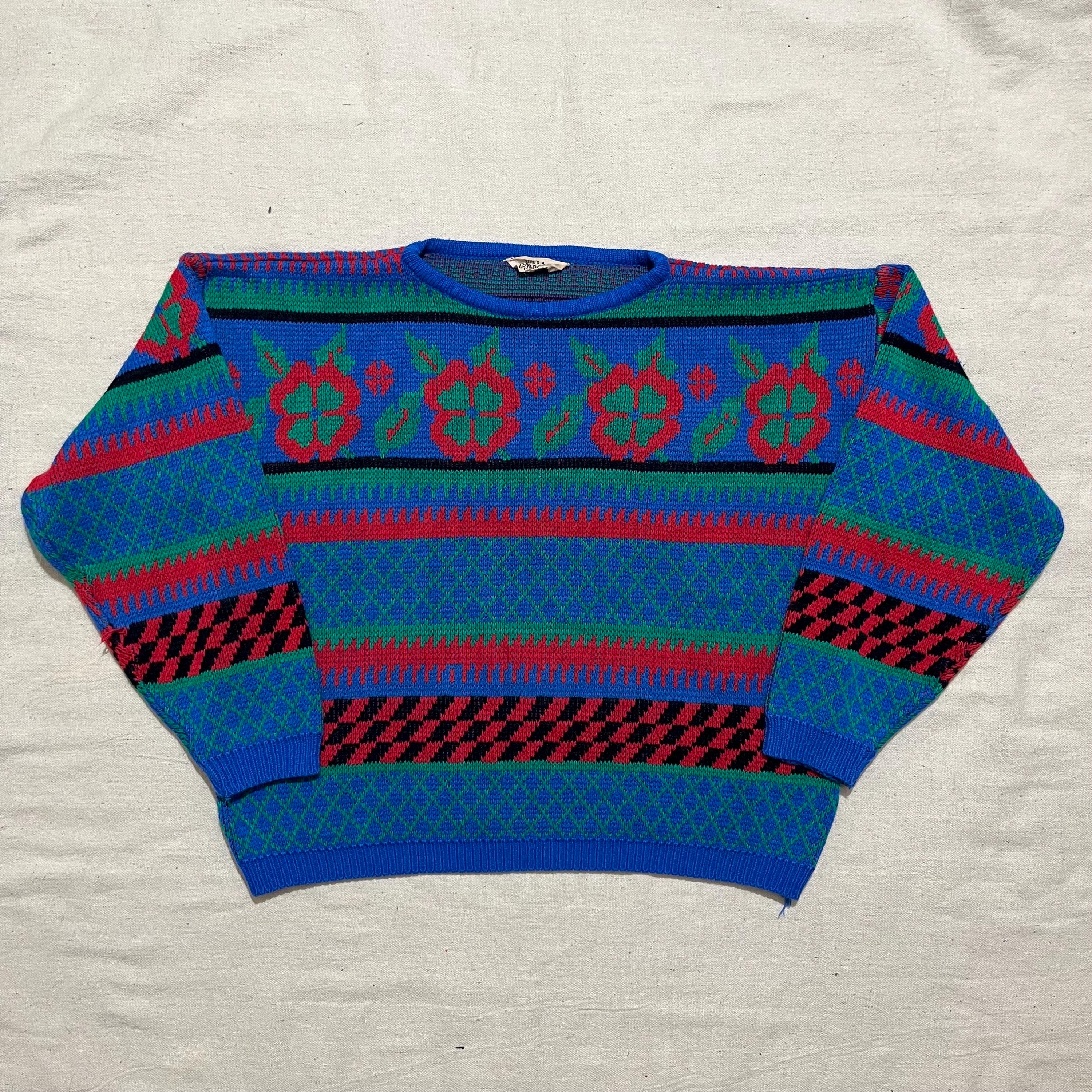 Vintage 80s/90s Here's A Hug Patterned Knit Sweater Green Blue Red