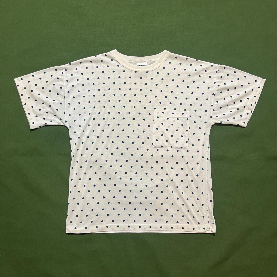 Vintage 90s Trend Basics Polka Dot Pocket T-shirt White Green 