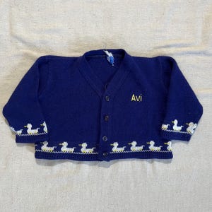 Vintage 70s 80s Kids Baby Toddler Julius Berger Duck Bird Animal Button Down Cardigan Knit Sweater Blue Size 18-24 Months