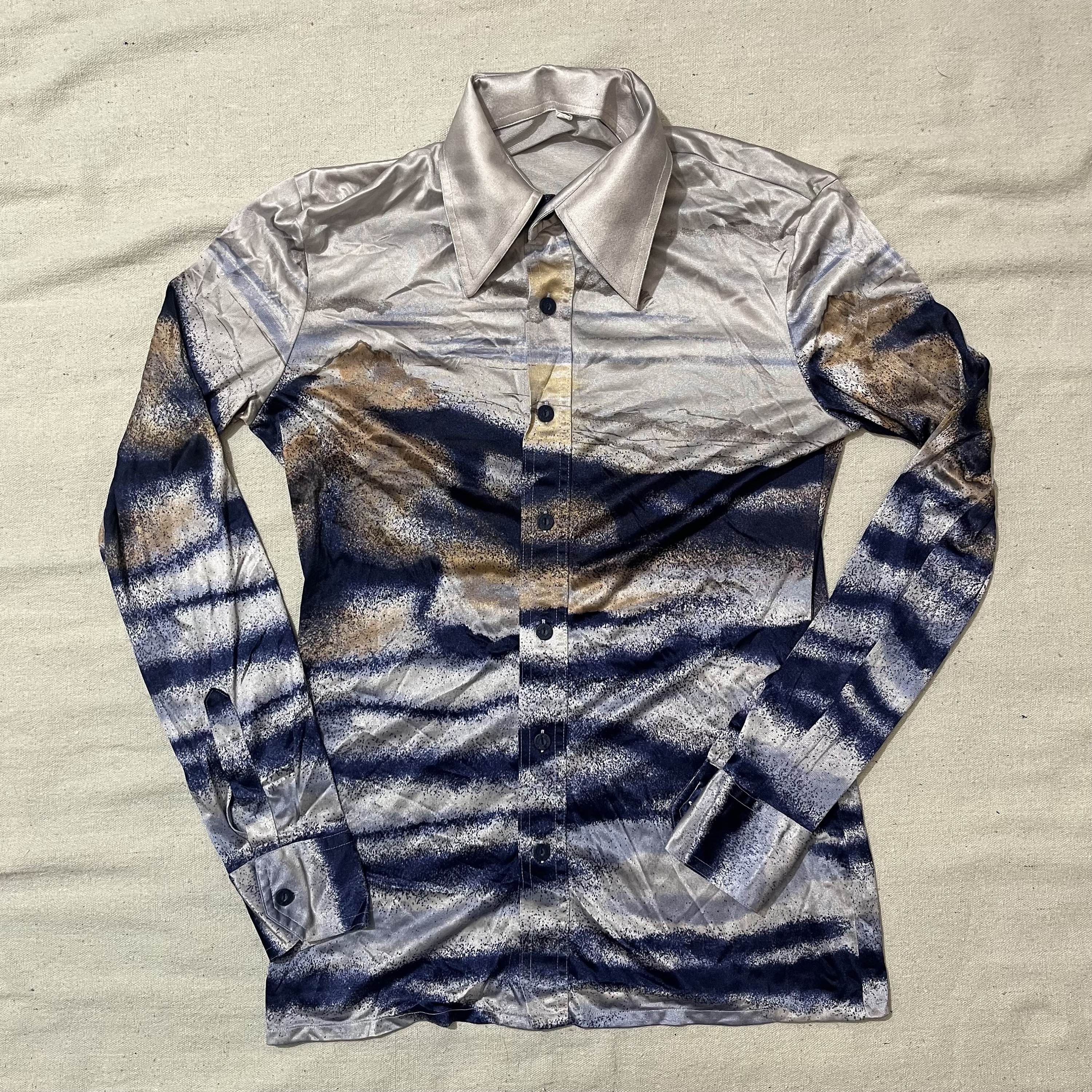 Vintage 70s Roland Sky Cloud Landscape Nature Disco Nylon Button Down Shirt Small