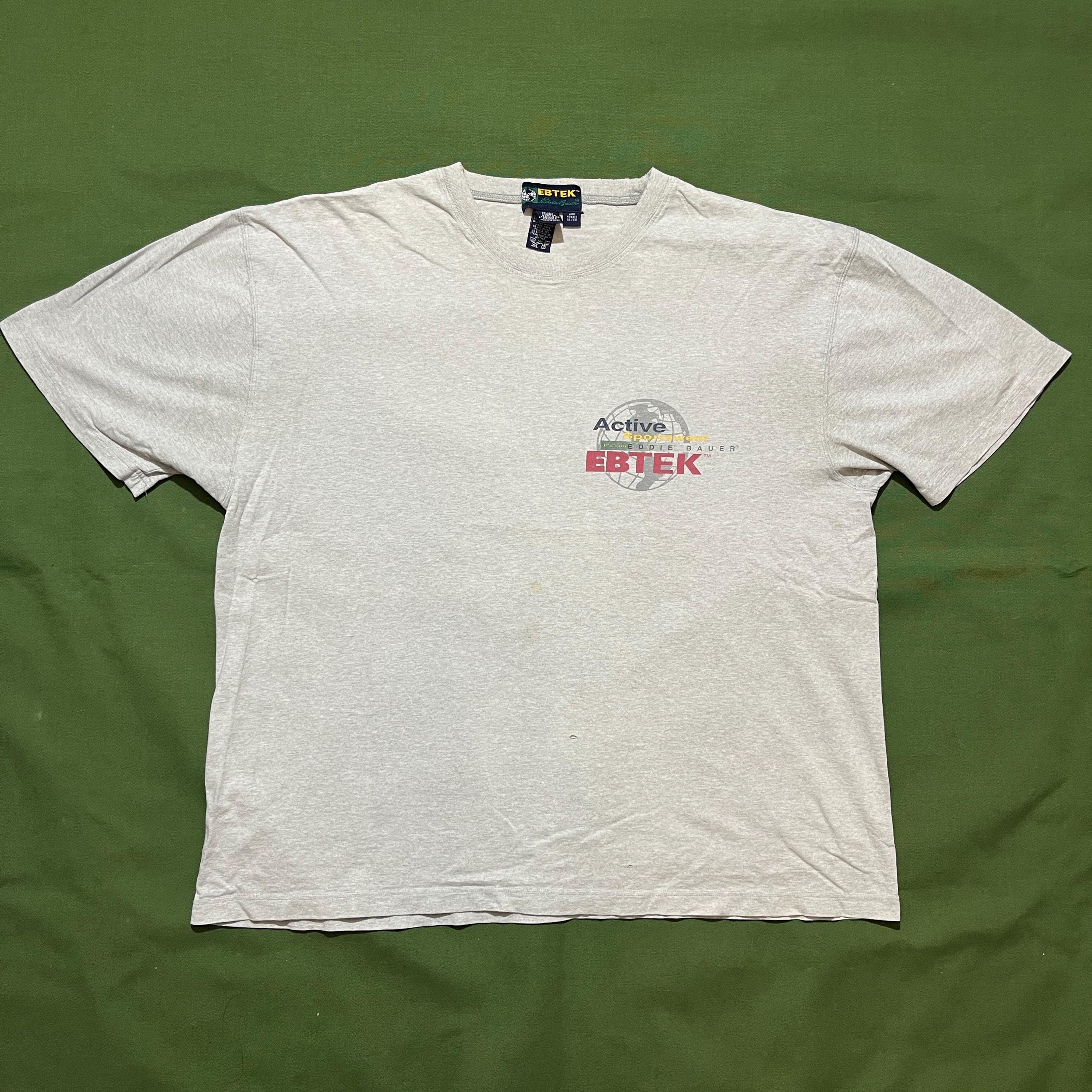 Vintage 90s Eddie Bauer T-shirt Ebtek Hiking Camping Graphic Gray