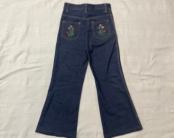 Vintage 70s Kids/Youth Flared Polyester Jeans Floral Embroidery 23” x 24”