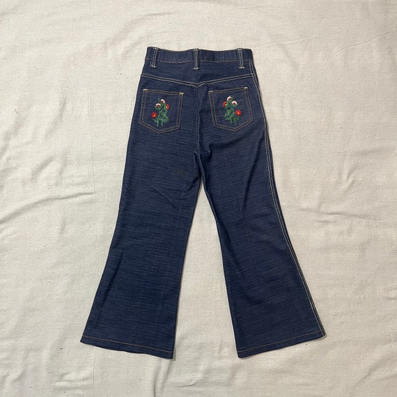 Vintage 70s Kids/Youth Flared Polyester Jeans Flo… - image 1