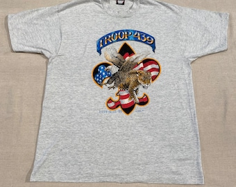 Camiseta gráfica vintage de los años 90 de los Boy Scouts de Minnesota, Bloomington, Campamento, Tropa 439, gris, XL