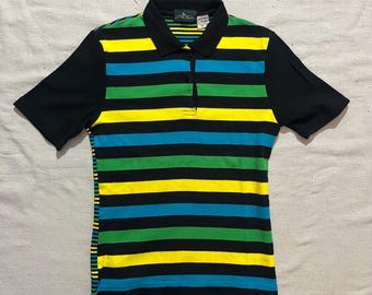 Vintage 90s Women's Femme Striped Polo Shirt - Green Yellow Blue Black Medium