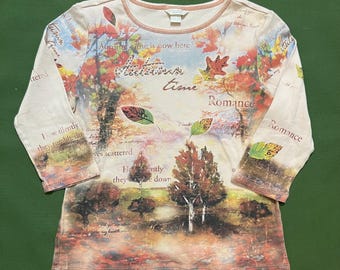Vintage Y2K Autumn Leaves Bedazzled Graphic Longsleeve T-Shirt Cream Small
