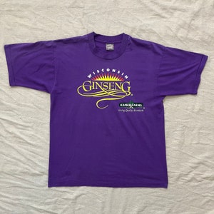 Vintage 90s Wisconsin Ginseng Energy Organic Farm Graphic T-Shirt Purple Large