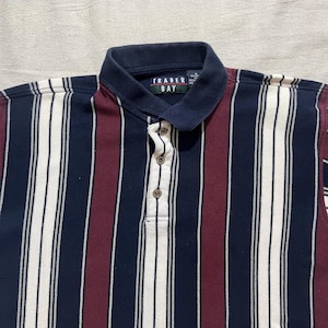 Vintage 90s Trader Bay Striped Polo Button Down Shirt Red Blue White Medium Large