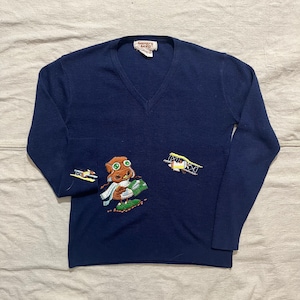 Vintage 80s Country Craft Cute Owl Animal Bird Airplane V-Neck Knit Sweater Blue Small