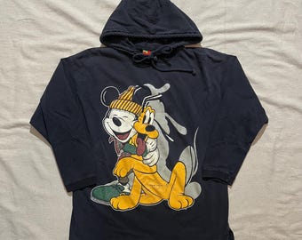 Vintage 90s Disney Jerry Leigh Mickey Mouse Pluto Hooded Longsleeve Graphic T-Shirt Black Small