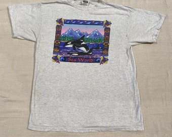 Vintage 90s Sea World Whale Shamu Animal Nature Mountain Ocean Graphic T-Shirt Gray XL