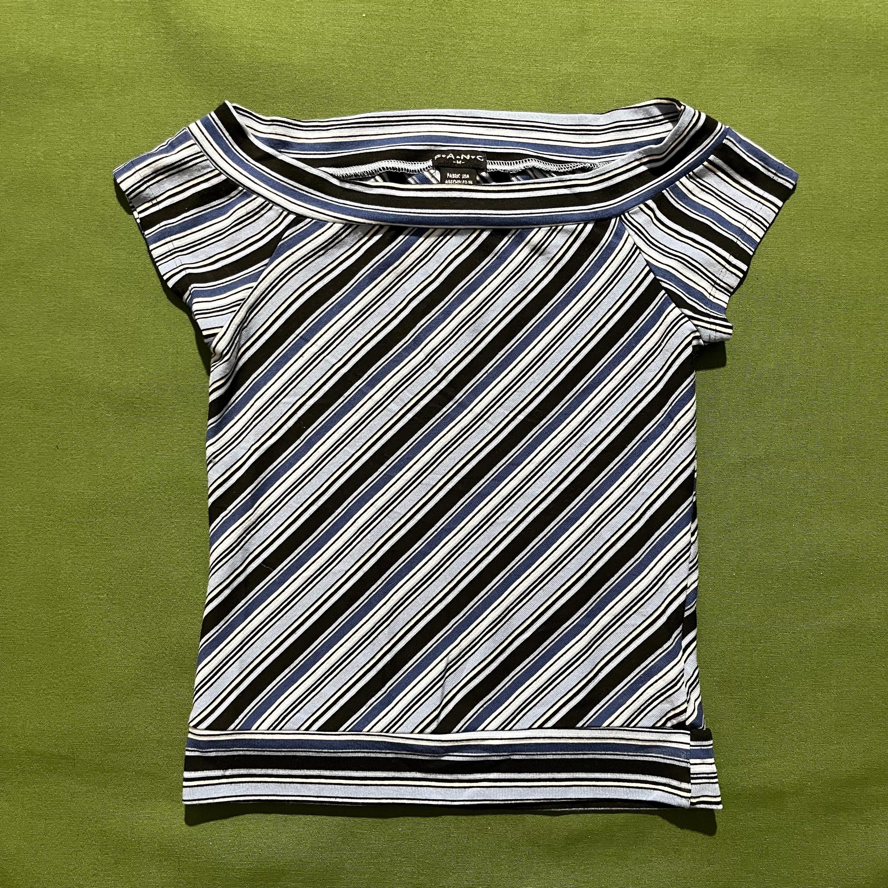 Vintage 00s Y2K Women's/femme Fang Striped Blouse Top Black Blue