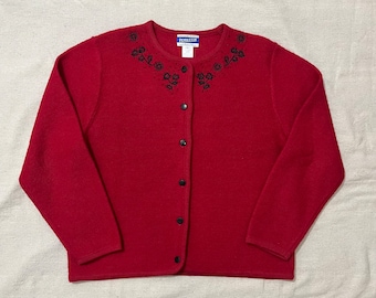 Vintage 90er / 00er Jahre Damen / Femme Pendleton Floral Knit Cardigan Button Pullover Rot groß