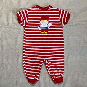 Vintage 70s 80s Kids Baby Toddler Health-tex Boy Cartoon Embroidered Striped Onesie Red White Size 24 Months