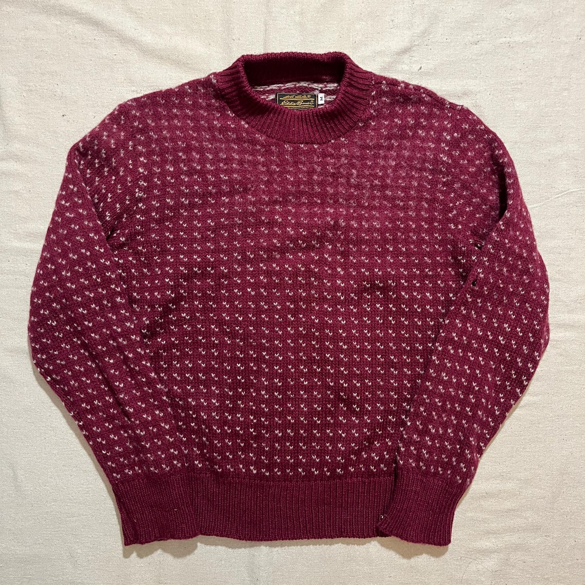Vintage 80s 90s Eddie Bauer Patterned Wool Knit Sweater Red White Size Medium, foto 1 di 5